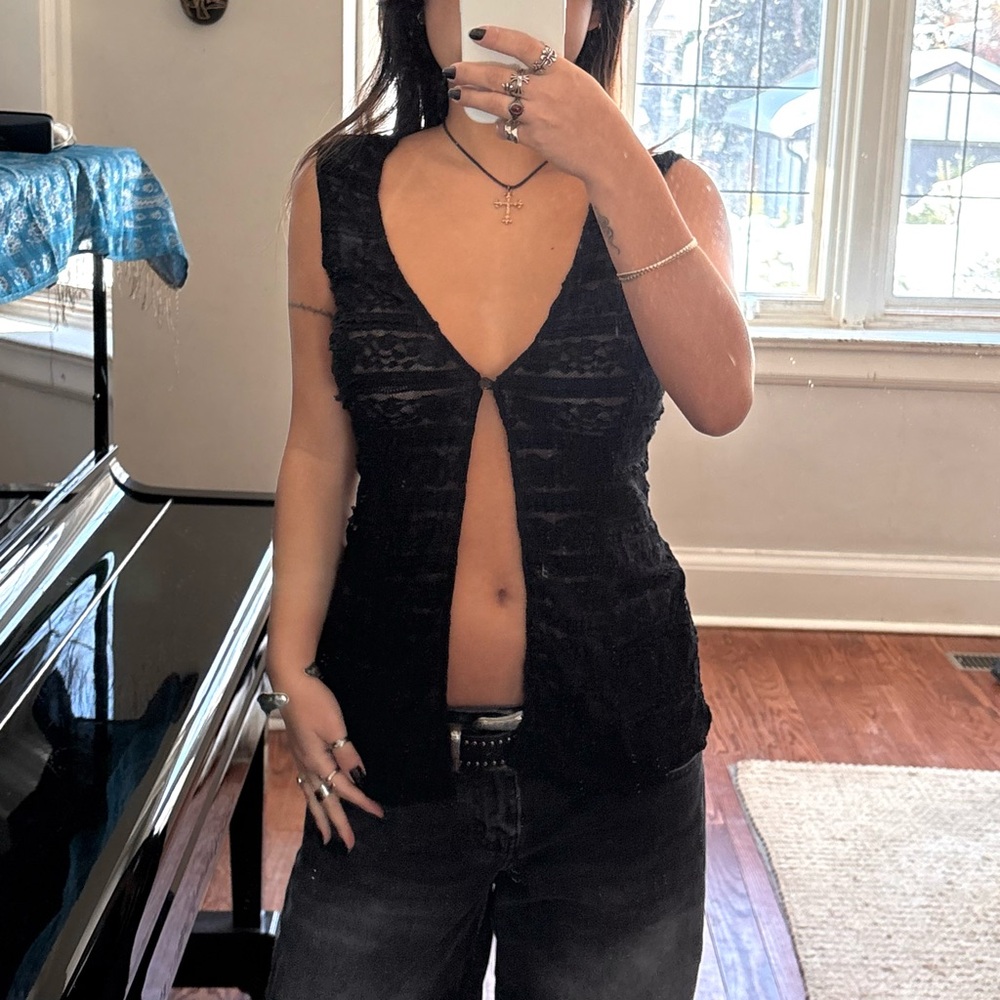 Lioness Black Lace Open Front Vest Tank Top